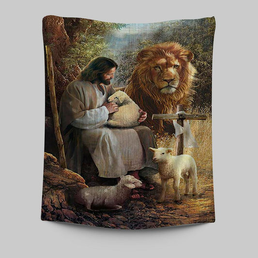 Jesus Lion Of Judah And The Lambs Tapestry Wall Art - Bible Verse Tapestry Art - Inspirational Art -  Christian Indoor Wall Tapestries