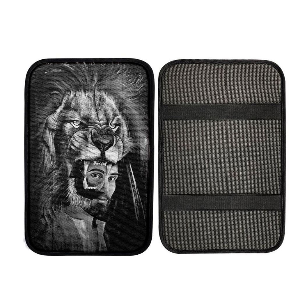 Jesus Lion Of Judah Black And White Car Center Console Cover, Christian Car Armrest Accessories