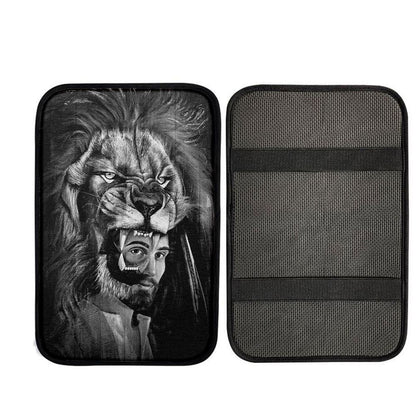 Jesus Lion Of Judah Black And White Car Center Console Cover, Christian Car Armrest Accessories