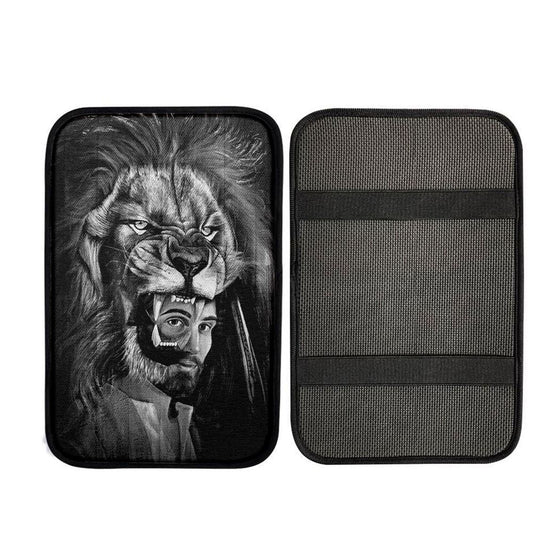 Jesus Lion Of Judah Black And White Car Center Console Cover, Christian Car Armrest Accessories