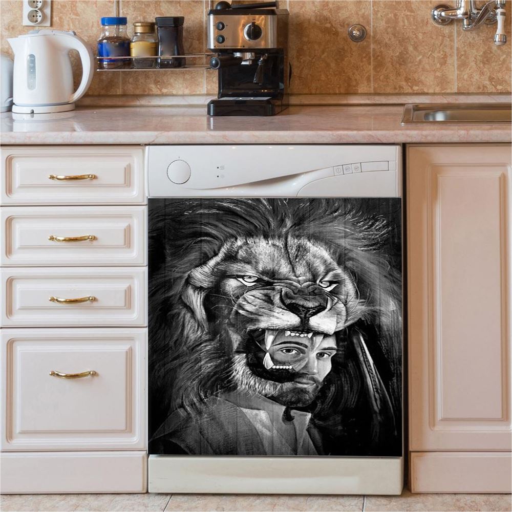 Jesus Lion Of Judah Black And White Dishwasher Cover, Jesus Portrait Dishwasher Stickers, Christian Kitchen Decor