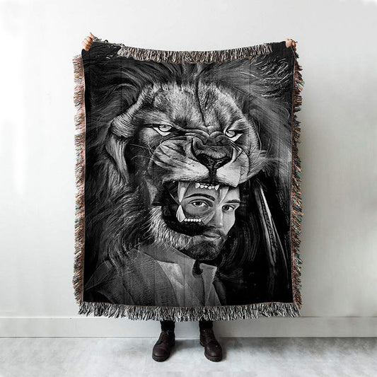 Jesus Lion Of Judah Black And White Throw Blanket Woven Blanket - Jesus Portrait Woven Blanket Prints - Christian Throw Blanket
