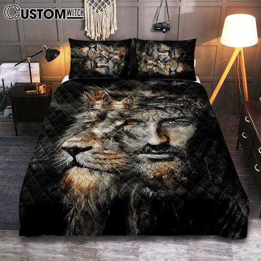 Jesus Lion Of Judah Crown Of Thorn Quilt Bedding Set Bedroom - Christian Quilt Bedding Set Prints - Bible Verse Quilt Bedding Set Art
