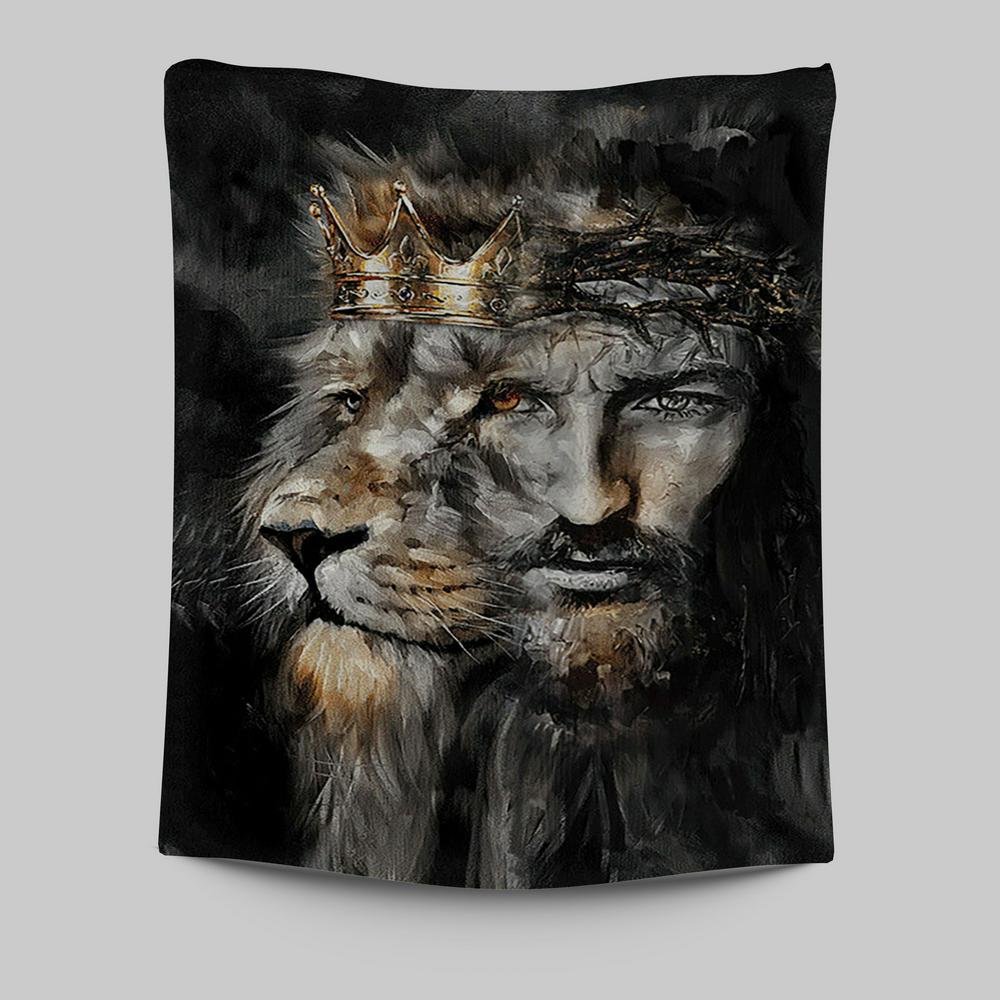 Jesus Lion Of Judah Crown Of Thorn Tapestry Wall Art - Christian Tapestries Prints - Bible Verse Tapestry Art