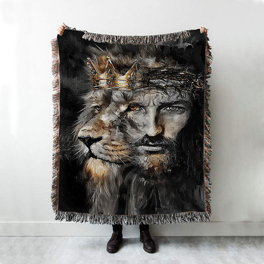 Jesus Lion Of Judah Crown Of Thorn Woven Throw Blanket - Christian Woven Blanket Prints - Bible Verse Woven Blanket Art
