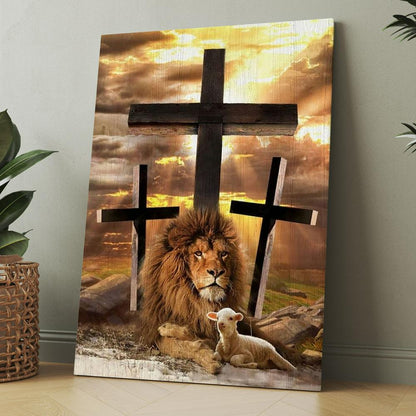 Jesus Lion Of Judah, Lamb Of God, Three Crosses Canvas, Christmas Gift for Christian