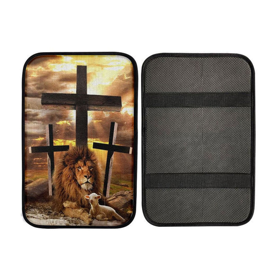 Jesus Lion Of Judah, Lamb Of God, Three Crosses Car Center Console Cover, Car Armrest Pad, Christian Gift, Armrest Box Mat