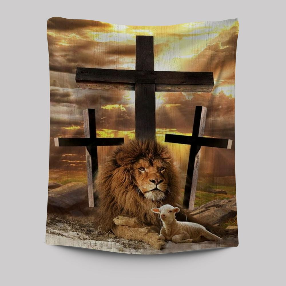 Jesus Lion Of Judah, Lamb Of God, Three Crosses Tapestry