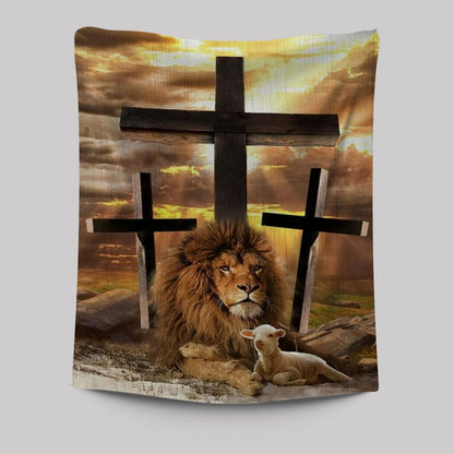 Jesus Lion Of Judah, Lamb Of God, Three Crosses Tapestry