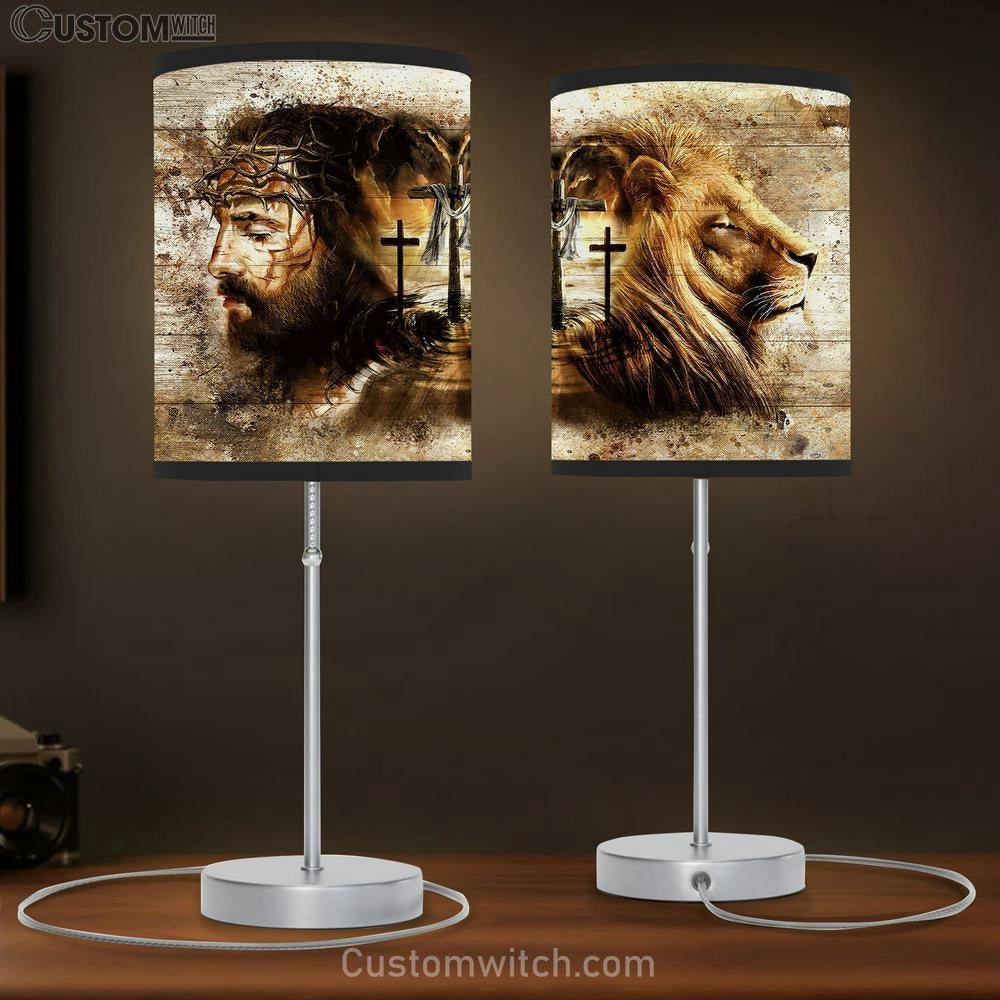 Jesus Lion Of Judah Three Wooden Crosses Table Lamb Art - Christian Lamb Gift Decor - Bible Verse Table Lamb