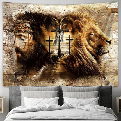 Jesus Lion Of Judah Three Wooden Crosses Tapestry Art - Christian Wall Art Decor - Bible Verse Tapestry