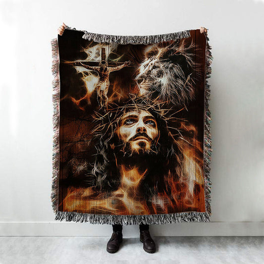 Jesus Lion Of Judah Woven Blanket - The Sacrifice Of Jesus Christ Woven Blanket - Christian Throw Blanket - Religious Home Decor