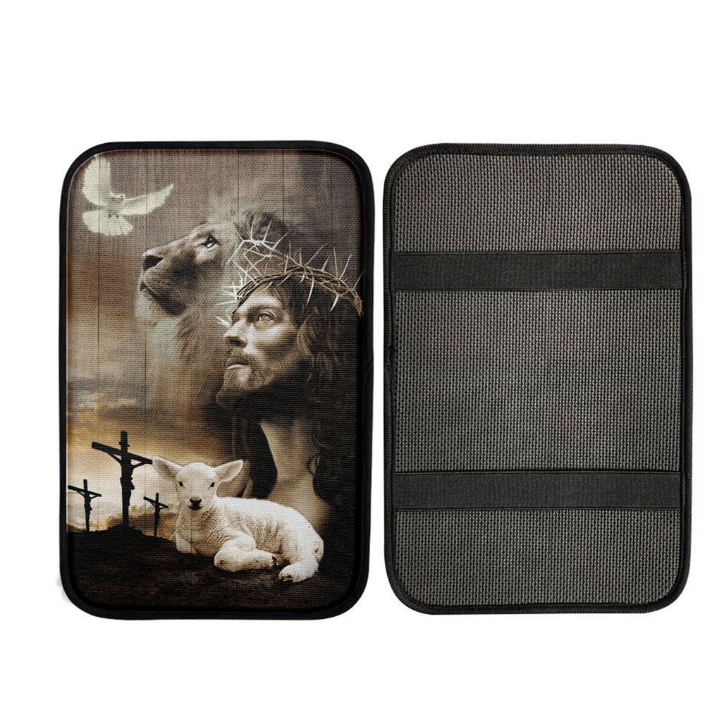 Jesus Lion Sheep Cross Dove Car Center Console Cover, God Car Armrest Accessories