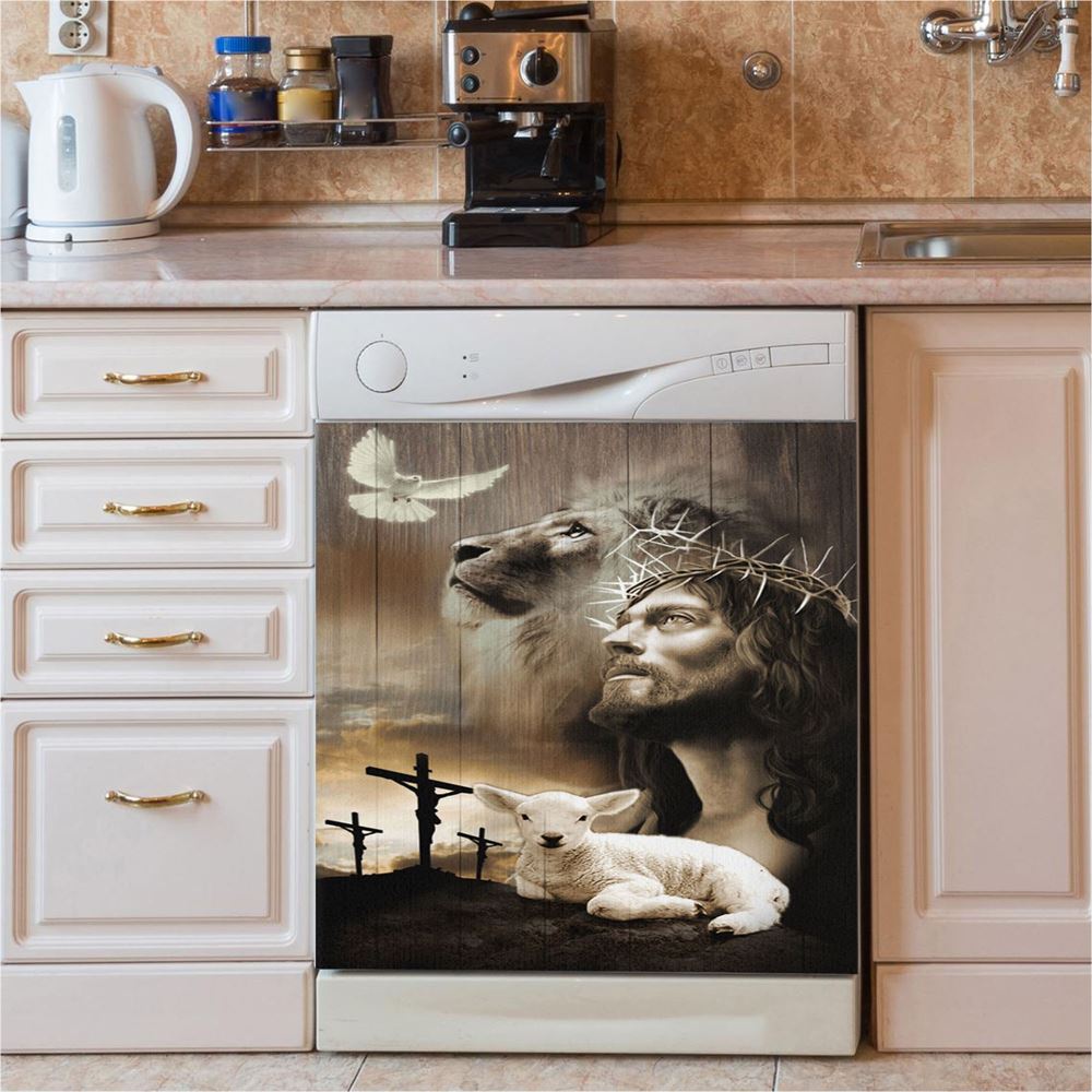 Jesus Lion Sheep Cross Dove Dishwasher Cover, Jesus Christ Dishwasher Stickers, Christian Kitchen Decor