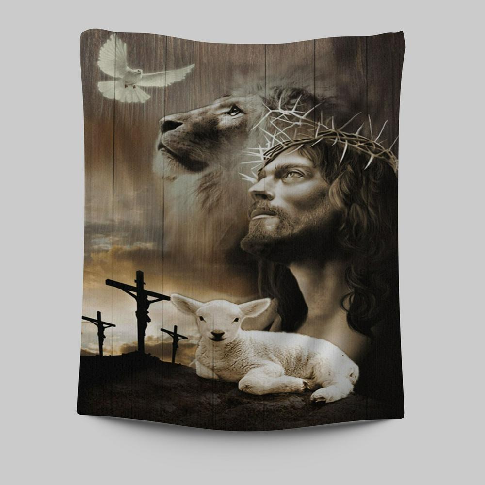 Jesus Lion Sheep Cross Dove Tapestry Prints - Jesus Christ Tapestry Art - Christian Wall Decor