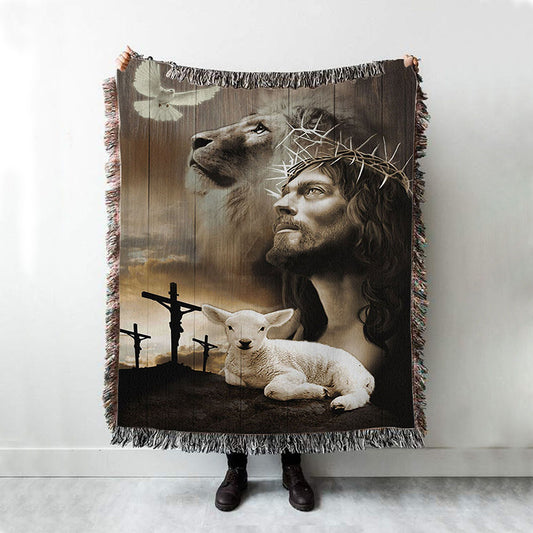 Jesus Lion Sheep Cross Dove Woven Blanket Prints - Jesus Christ Woven Blanket Art - Christian Boho Blanket