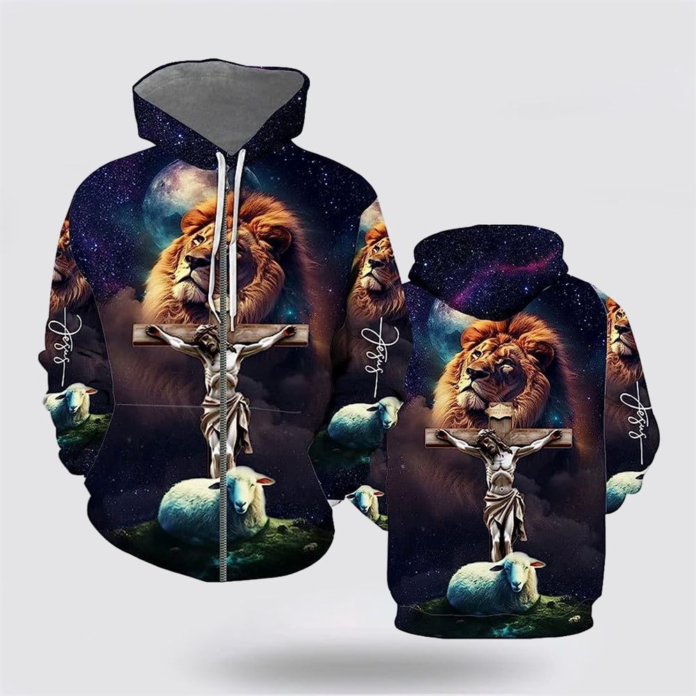Jesus Lion Sheep Galaxy 3D Hoodies For Women Men, God 3D Printed Hoodie, Christian Apparel Hoodies