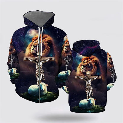 Jesus Lion Sheep Galaxy 3D Hoodies For Women Men, God 3D Printed Hoodie, Christian Apparel Hoodies