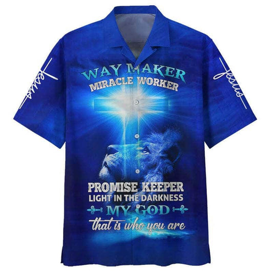 Jesus Lion Way Maker Miracle Worker Promise Keeper Light In The Darkness Blue Christian Faith Hawaiian Shirt, Christian Hawaiian Shirt, Religious Gift