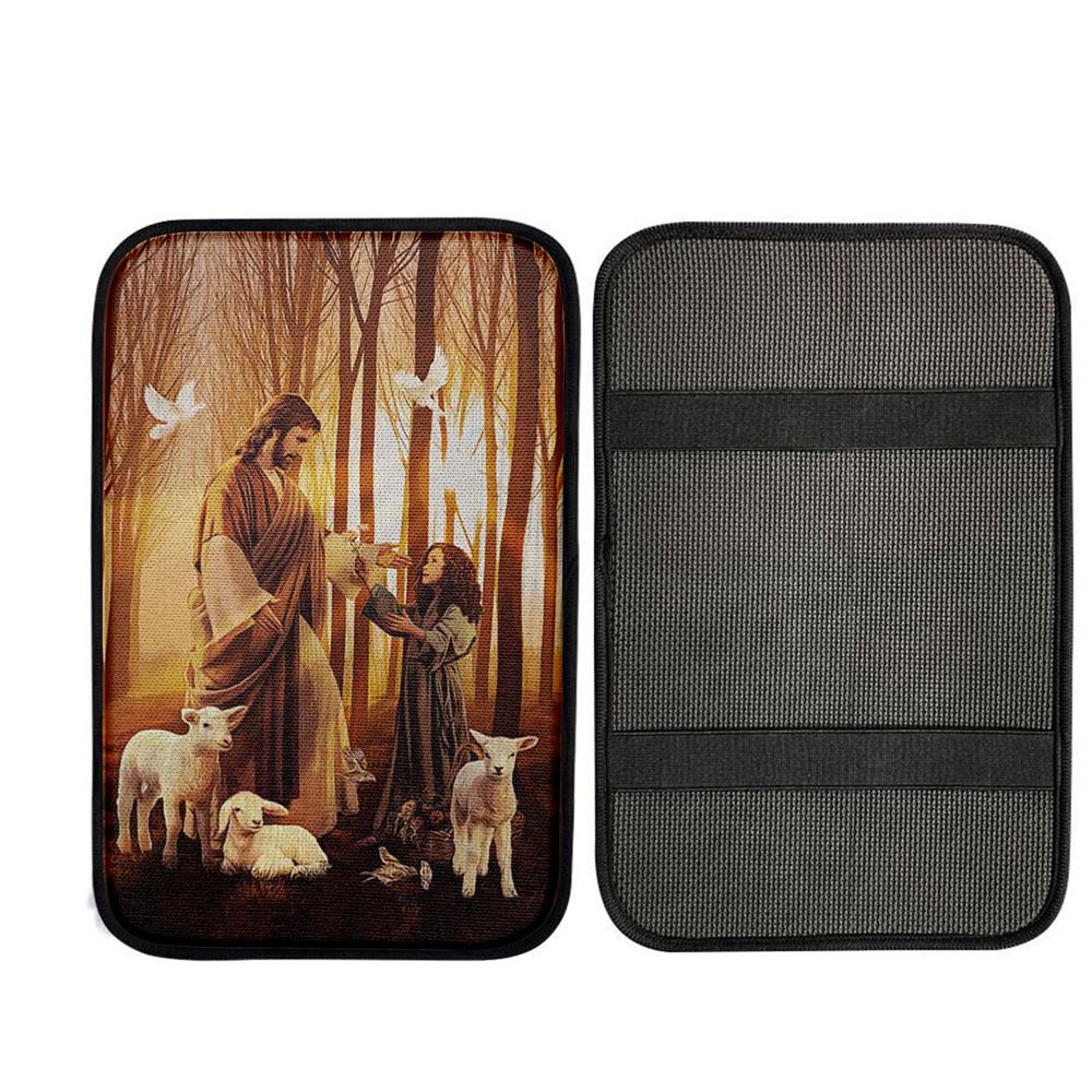 Jesus Little Girl Lamb Of God White Dove Car Center Console Cover, God Car Armrest Accessories