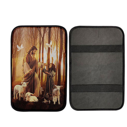 Jesus Little Girl Lamb Of God White Dove Car Center Console Cover, God Car Armrest Accessories