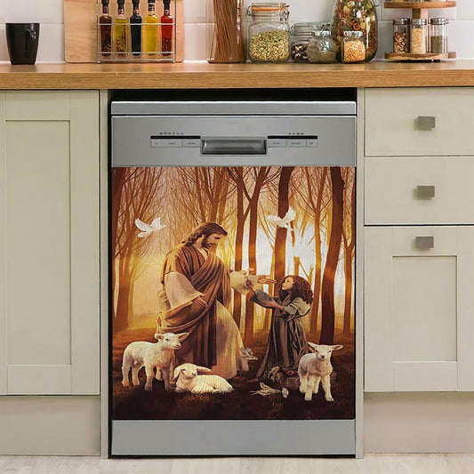 Jesus Little Girl Lamb Of God White Dove Dishwasher Cover, Jesus Portrait Dishwasher Stickers, Christian Kitchen Decor