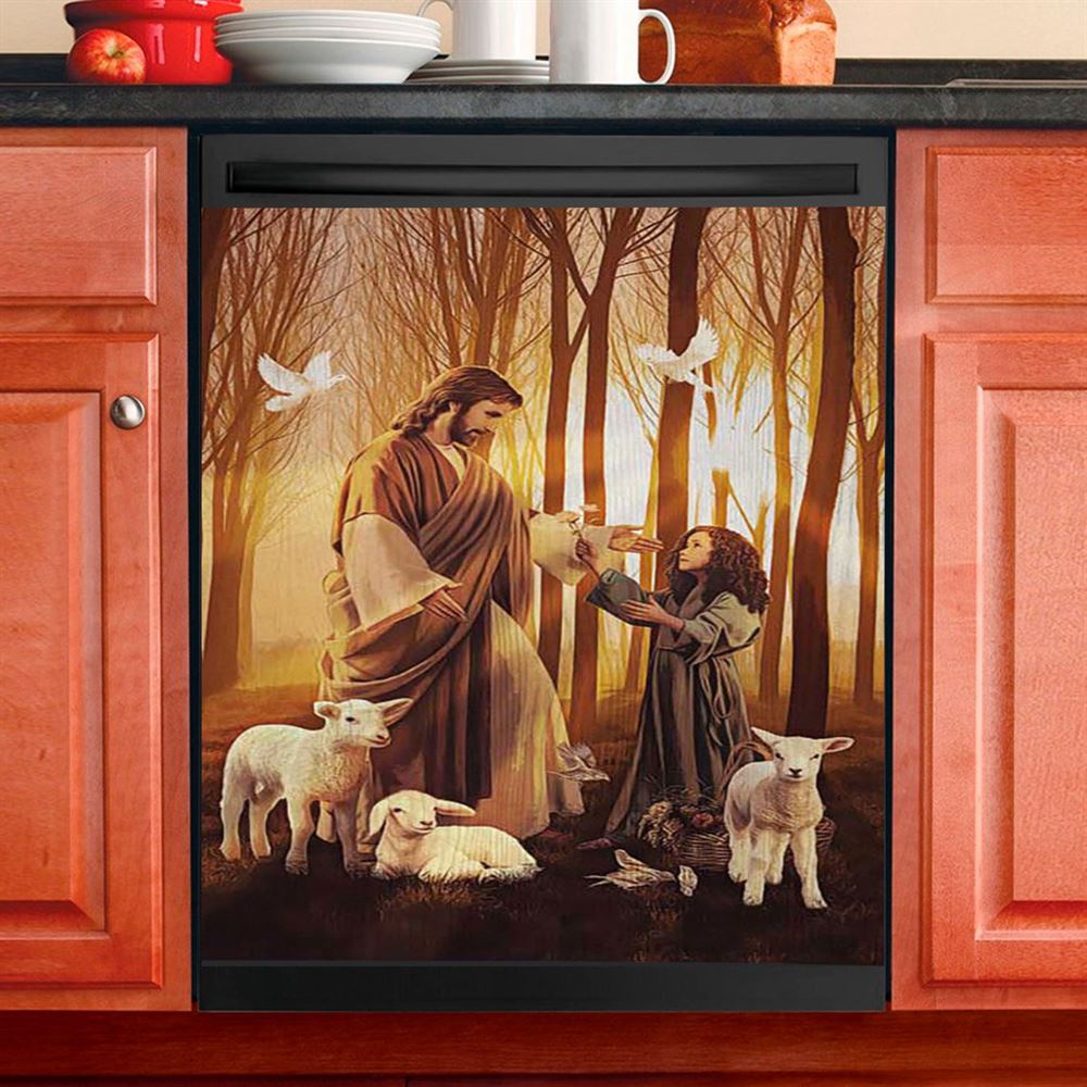 Jesus Little Girl Lamb Of God White Dove Dishwasher Cover, Jesus Portrait Dishwasher Stickers, Christian Kitchen Decor