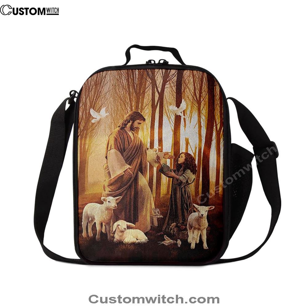 Jesus Little Girl Lamb Of God White Dove Lunch Bag, Christian Lunch Box For School, Picnic