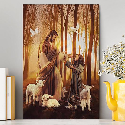 Jesus Little Girl Lamb Of God White Dove Wall Art Canvas - Jesus Portrait Canvas Prints - Christian Wall Art
