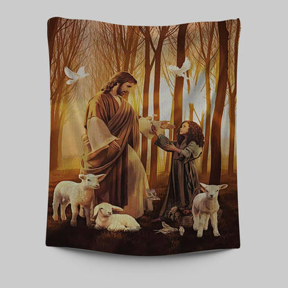 Jesus Little Girl Lamb Of God White Dove Wall Art Tapestry - Jesus Portrait Tapestry Prints - Christian Wall Art