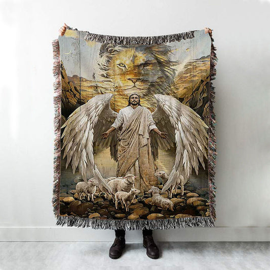 Jesus Lord Wings Lion Of Judah Lambs Of God Throw Blanket Woven Blanket - Jesus Portrait Woven Blanket Prints - Christian Throw Blanket