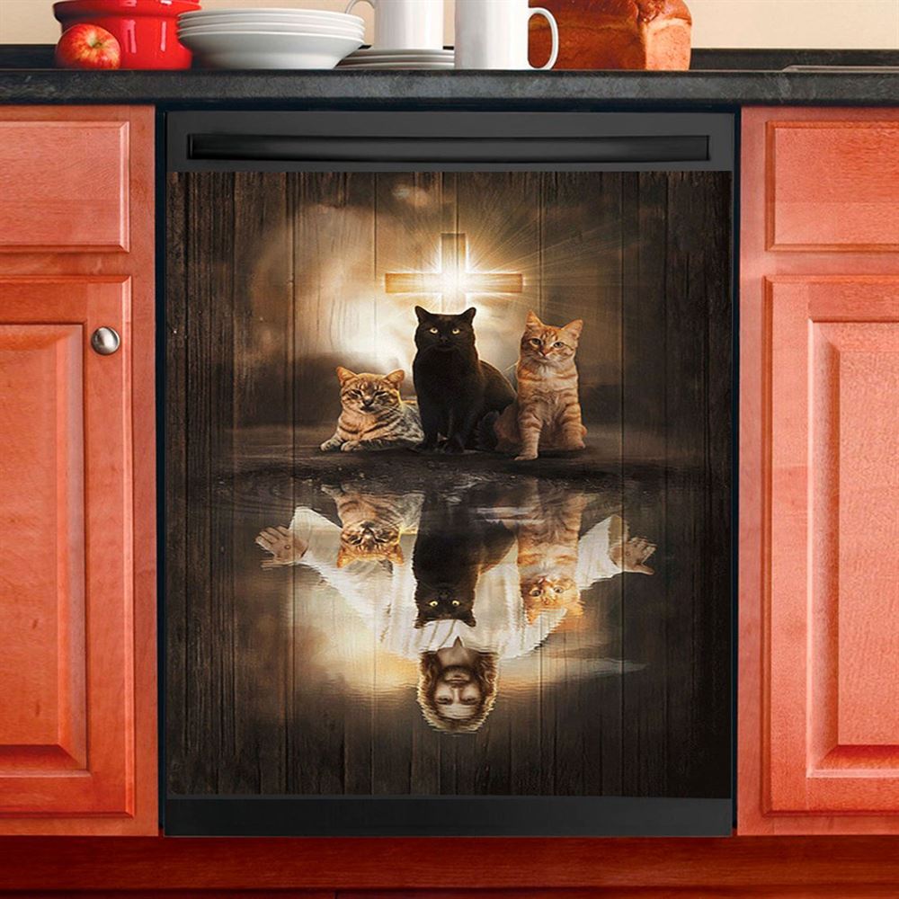 Jesus Lovely Cat Light Cross Dishwasher Cover, Jesus Portrait Dishwasher Stickers, Christian Kitchen Decor