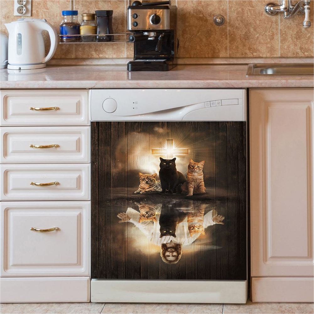 Jesus Lovely Cat Light Cross Dishwasher Cover, Jesus Portrait Dishwasher Stickers, Christian Kitchen Decor