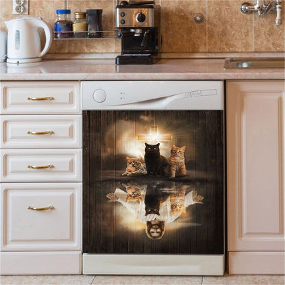 Jesus Lovely Cat Light Cross Dishwasher Cover, Jesus Portrait Dishwasher Stickers, Christian Kitchen Decor