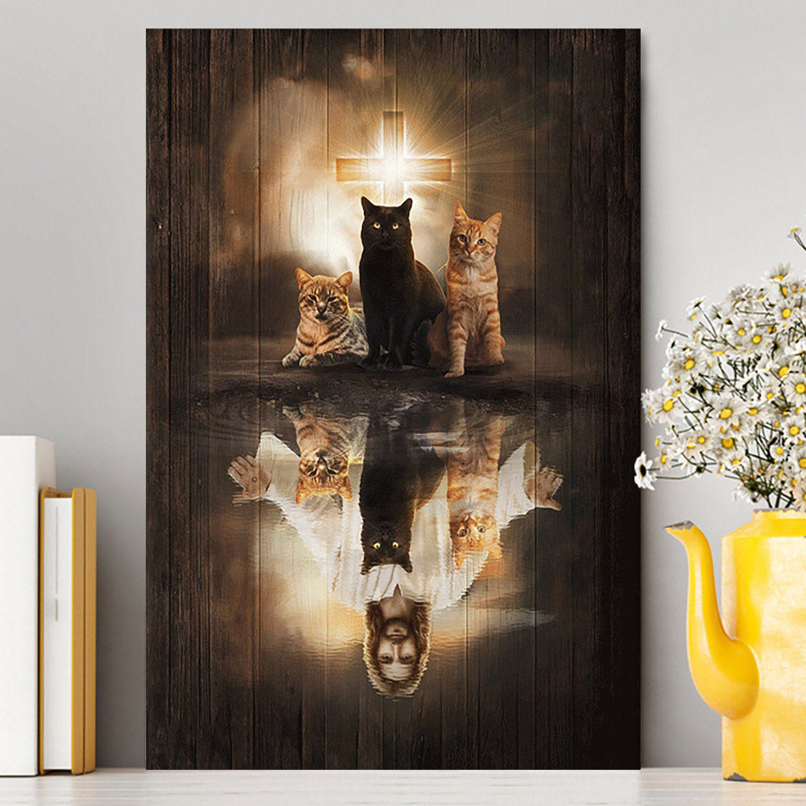 Jesus Lovely Cat Light Cross Wall Art Canvas - Jesus Portrait Canvas Prints - Christian Wall Art