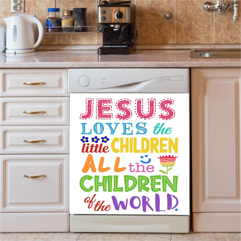 Jesus Loves The Little Children Dishwasher Cover, Girls Boys Kids Kitchen Decor, Christian Kitchen Decor