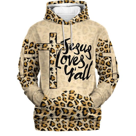 Jesus Loves Y'all Cross Leopard Skin Pattern Hoodies Jesus Hoodie Men & Women, God 3D Printed Hoodie, Christian Apparel Hoodies