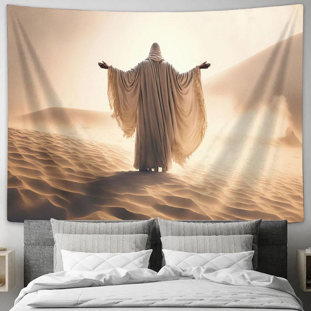 Jesus Man Coat Stand Desert Sands During Storm Raising Hands Praying Tapestry Pictures - Faith Art - Christian Tapestry Wall Art Decor