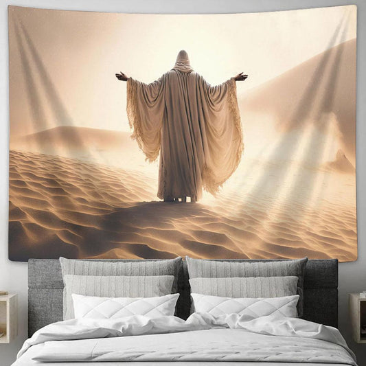 Jesus Man Coat Stand Desert Sands During Storm Raising Hands Praying Tapestry Pictures - Faith Art - Christian Tapestry Wall Art Decor