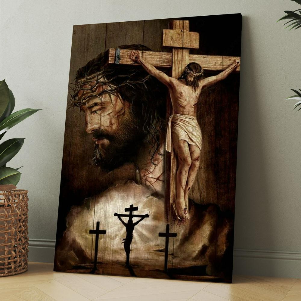 Jesus On Cross, Thorn Crown, Three Wooden Crosses Canvas, Christmas Gift for Christian