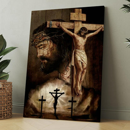 Jesus On Cross, Thorn Crown, Three Wooden Crosses Canvas, Christmas Gift for Christian
