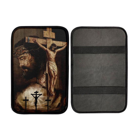 Jesus On Cross, Thorn Crown, Three Wooden Crosses Car Center Console Cover, Car Armrest Pad, Christian Gift, Armrest Box Mat