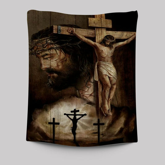 Jesus On Cross, Thorn Crown, Three Wooden Crosses Tapestry