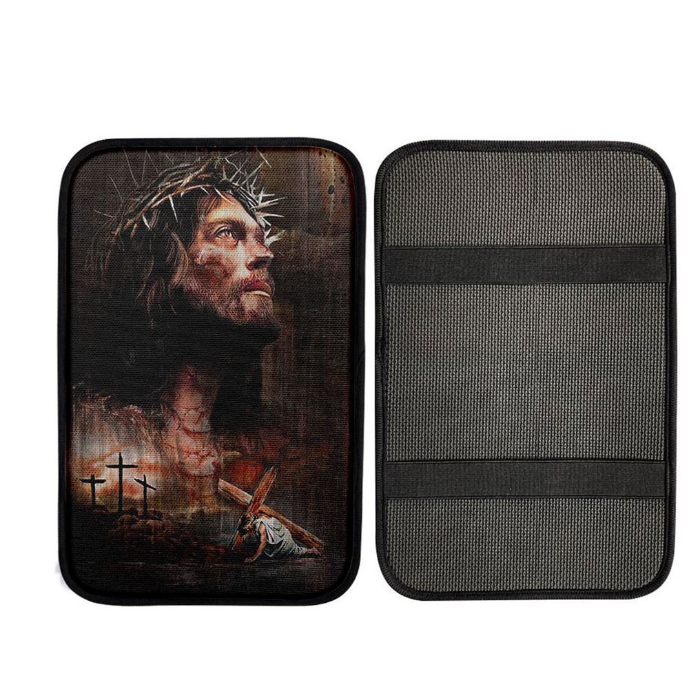Jesus On The Cross Crown Of Thorn Car Armrest Pad - Life Of Jesus Car Center Console Cover, God Car Armrest Accessories