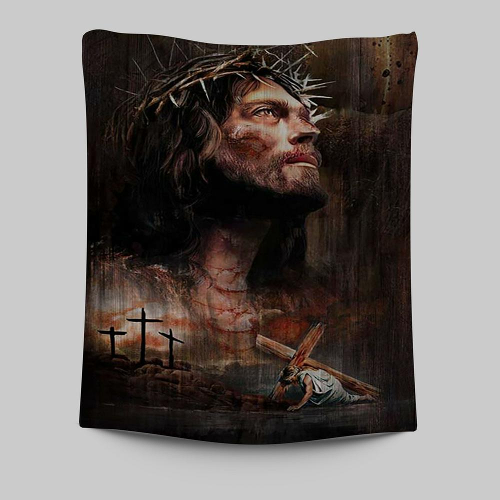 Jesus On The Cross Crown Of Thorn Tapestry - Life Of Jesus Wall Art Tapestry - Jesus Portrait Tapestry Prints - Christian Wall Art