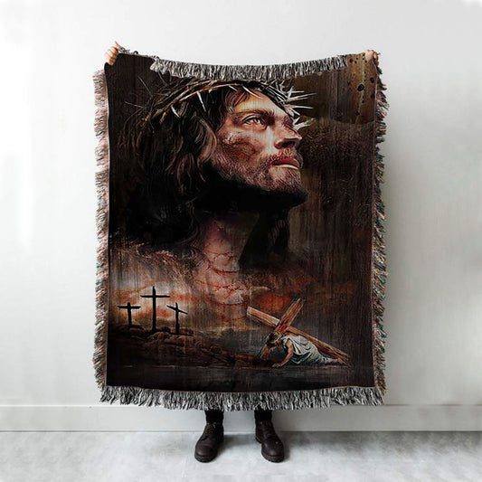 Jesus On The Cross Crown Of Thorn Woven Blanket - Life Of Jesus Throw Blanket Woven Blanket - Jesus Portrait Woven Blanket Prints - Christian Throw Blanket