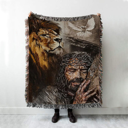 Jesus On The Cross Lion Amazing Dove Woven Blanket Prints - Jesus Christ Woven Blanket Art - Christian Boho Blanket