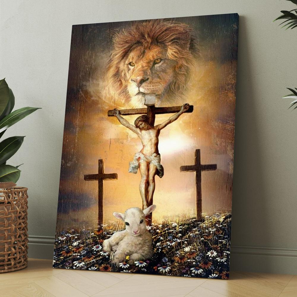 Jesus On The Cross, Lion Of Judah, Little Lamb, Rock Mountain Canvas, Christmas Gift for Christian