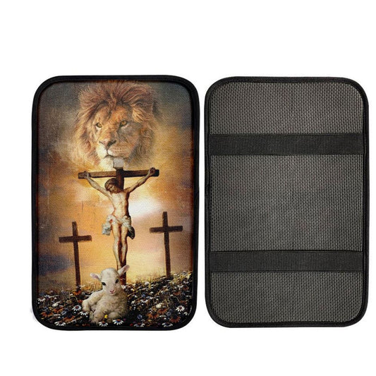 Jesus On The Cross, Lion Of Judah, Little Lamb, Rock Mountain Car Center Console Cover, Car Armrest Pad, Christian Gift, Armrest Box Mat