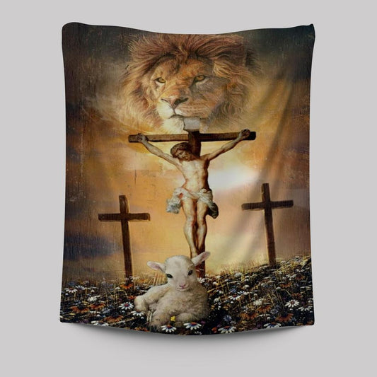 Jesus On The Cross, Lion Of Judah, Little Lamb, Rock Mountain Tapestry